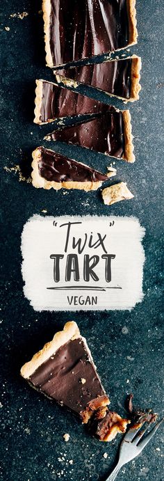 chocolate tart slices on top of each other next to a knife and fork with the words, twist tart vegan