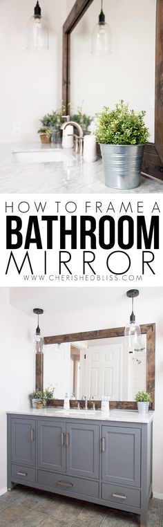 a bathroom vanity with two mirrors and plants on the top, and below it is a large mirror that says do - it - yourself farmhouse style