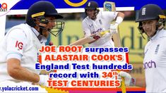 two men in white shirts and black helmets holding bats with text reading joe root surfaces alstar cooks england test hundreds record with