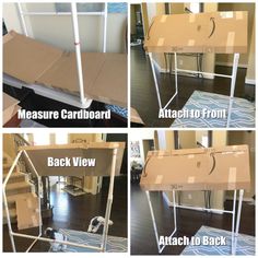 four pictures showing the steps to make a cardboard house