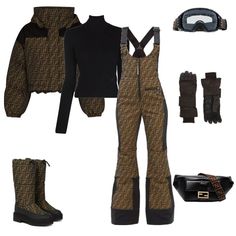 an assortment of clothing and accessories including gloves, sweaters, boots, and handbags