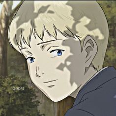 a young boy with blue eyes stares into the distance while standing in front of trees