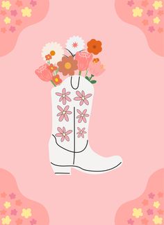 a white boot with flowers in it on a pink background