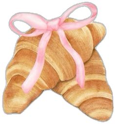 a drawing of a croissant with a pink bow on it's side