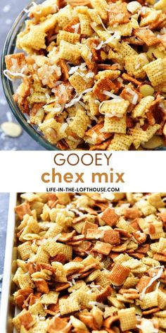 a bowl filled with chex mix next to the words gooey chex mix