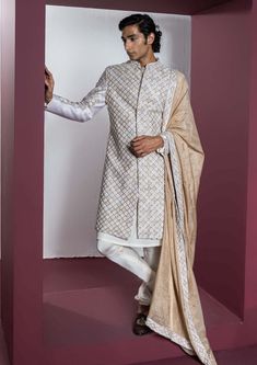 Contrast By Parth-Dazzle Off-White Sherwani Set-INDIASPOPUP.COM White Sherwani, Wedding Outfits For Groom, Sharara Gharara, Modern Mens Fashion, Indian Men Fashion, Indian Groom, Indian Heritage, Patch Work, India Fashion