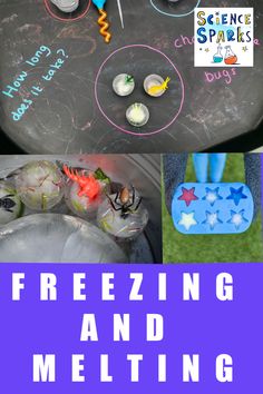 a collage of pictures with the words freezing and melting on them, including an ice tray