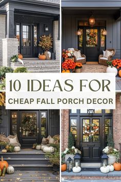 front porch decorated for fall with pumpkins and gourds