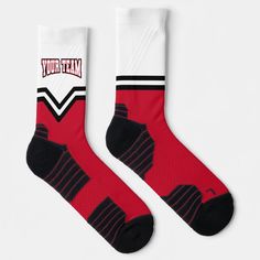 White Sports Socks With Letter Print, Red Stretch Sporty Socks, Red Sporty Socks For Sports, Sporty Red Breathable Socks, Squad Photos, V Design, Cheerleading Uniforms, Cheer Uniform, Athletic Socks