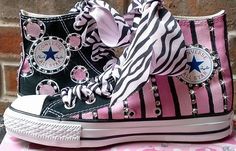 Custom painted personalized Converse for kids in pink and black cheetah spots, zebra stripes, your baby's name and low leaded crystals. A Request from a Client, these kids custom converse were to be matching for her two daughters Grace and Faith in pinks and black with a little bit of white. Just polka dots, swirls, stripes, cheetah and zebra prints. I can do these in a number of color combinations! I have a few listed, please just let me know what colors you would like. What a FUNKY shoe! Compl Painted Converse High Tops, Funky Shoe, Personalized Converse, Black Diva, Painted Converse, Hip Hop Kids, Colorful Animal Print, Girls Shoes Sneakers, Girls Converse