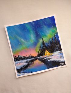 a painting of a tent in the snow with an aurora bore behind it and trees