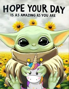 an image of a baby yoda hugging a unicorn with sunflowers in the background