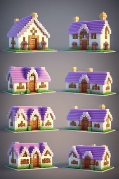 several different types of houses made out of legos and plastic blocks, each with purple roof