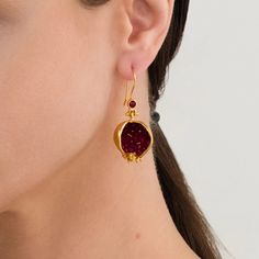 Pomegranate Design Earrings, Pomegranate Jewelry, Handmade Design Jewelry, Turkish Handmade Jewelry, Turkish Jewelry, Hook Earring - Etsy Traditional Faceted Jewelry For Gifts, Faceted Garnet Jewelry In Yellow Gold, Ruby Earrings In Yellow Gold For Gift, Ruby Yellow Gold Earrings For Gift, Yellow Gold Ruby Earrings For Gift, Gold Garnet Teardrop Earrings, Gold Teardrop Garnet Earrings, Gold Garnet Earrings As Gift, Garnet Gemstone Earrings For Wedding