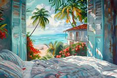 a painting of an open door leading to a beach with palm trees and flowers in the foreground