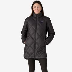 Warm, sporty and detailed, the Pine Bank Insulated Parka is built of 100% recycled polyester ripstop with a DWR (durable water repellent) finish that's made without perfluorinated chemicals (PFCs/PFAS), and insulated with 100-g Thermogreen® 100% recycled polyester. Diamond quilting and a scalloped hem make for a flattering silhouette that's great for layering during transitional seasons. Made in a Fair Trade Certified™ factory. | Patagonia Women's Pine Bank Insulated Parka in Ink Black, Large - Black Winter Travel Parka, Patagonia Womens Parka, Parka Jacket Women's Rei, Insulated Black Parka, Patagonia Winter Outerwear, Midweight, Patagonia Jacket, Travel Clothes, Sorel Womens, Fashion Goals