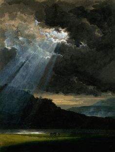 an image of a painting with clouds and sun rays coming from the sky above it