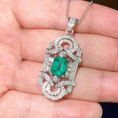 "ENJOY OUR WORRY-FREE SERVICE AND THE DAZZLING, GENUINE JEWELRY WE DESIGN AND HANDCRAFT WITH LOVE❤️ ABOUT THE ITEM: ONE OF A KIND HANDCRAFTED PENDANT! BRAND NEW! \"You will get the best emeralds from the most experienced emeralds wholesaler in the world--So Perfect Jewelry.\"  CERTIFIED, JUMBO, VIVID GREEN EMERALD!! STUNNING, 4.23 total carats, Certified Emerald, ART DECO pendant. UNIQUE DESIGN! ONE OF A KIND! Mesmerizing Zambian emeralds, at 2.55 carats, this emerald is just the right size, wit Emerald Art Deco, Emerald Art, Gents Bracelet, Handmade Pendant Necklace, Art Deco Pendant, Rare Gems, White Gold Engagement Rings, Simple Gifts, Handmade Pendant