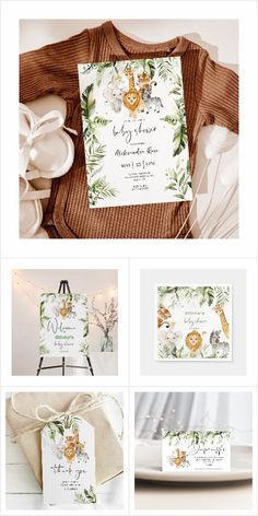 the wedding stationery is displayed with photos and text