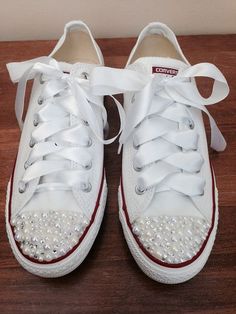 An Absolutely stunning creation perfect for a brides special day or for the girl who loves the personal touch.    Low white Classic converse with Customizable White Sneakers For Wedding, White Sneakers With Laces For Bridal Shower, White Low-top Wedding Shoes For Bridal Shower, White Low-top Wedding Shoes For Bride, White High-top Sneakers For Wedding, White Low-top Bridal Sneakers, Converse Unique, Wedding Converse Bride, Customised Converse