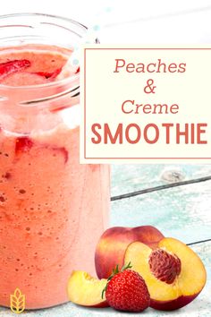 peaches and creme smoothie in a mason jar