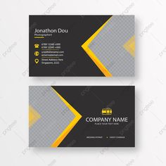 two sided business card with yellow and gray shapes on the front, side and back