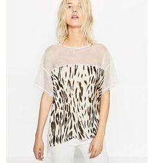 Brand New Without Tags. Mesh Sleeves, Animal Print Polyester Front, Viscose Back. High-Low Design. Ivory. 26” Long In The Back, 24” Long In The Front. Summer Maxi Dresses, Slouchy Top, Organza Sleeves, High Fashion Women, Neutral Outfits, T Shirt World, Zara Collection, Zara T Shirt, Neutral Outfit