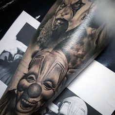 a man with a tattoo on his arm has a clown face and other images behind him