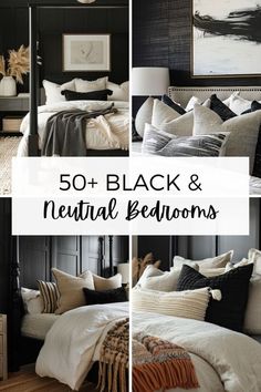 black and white bedroom with neutral bedding