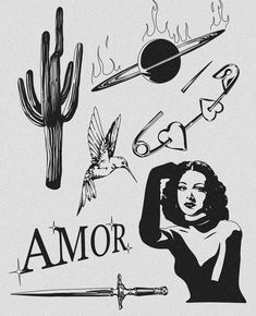 an image of a woman surrounded by different things in black and white, including cacti