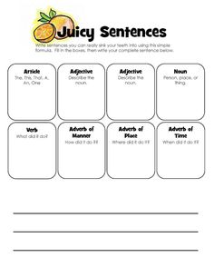 the worksheet for juicy sentences is shown in black and white, with oranges