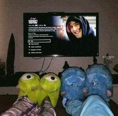 two stuffed animals sitting next to each other in front of a tv