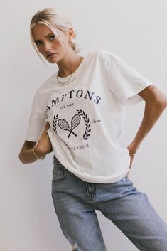 hamptons tennis tee Sports Graphic Tee, Color Block Tee, Tennis Club, Tennis Clubs, Knitting Materials, Crew Neckline, The Hamptons, Knit Top, Graphic Tee