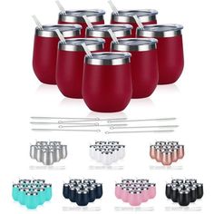 six wine tumblers with straws and spoons in different colors