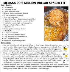 the menu for mellisa's million dollar spaghetti