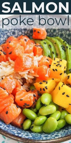 salmon poke bowl with green beans and avocado on the side in a blue plate