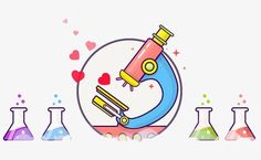 an image of a microscope and test tubes with hearts in the background on a white background