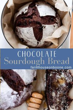 chocolate sourdough bread in a pan on top of a wooden table with the words, chocolate sourdough bread