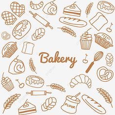 the bakery logo is drawn in brown on a white background, food, bread, pastry png and psd