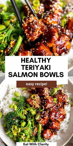 healthy teriyaki salmon bowls with rice and broccoli