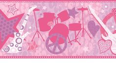 a peace sign and musical instruments are on a pink background with hearts, stars, and other things