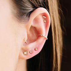 Triple Ear Piercing, Triple Lobe Piercing, 3 Ear Piercings, Cool Ear Piercings, Ear Style, Starburst Earrings, Bar Stud Earrings, Bar Studs, Pearl Stud Earrings