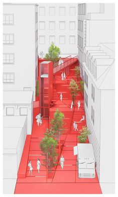 an artist's rendering of a city street with people walking on the red carpet