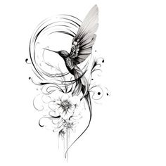 a black and white drawing of a hummingbird with flowers on it's side