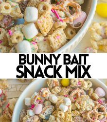 two bowls filled with candy corn snack mix and the words bunny bat snack mix in front of them