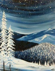 an acrylic painting of snowy mountains and trees with stars in the night sky