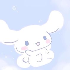 a drawing of a white bunny sitting on top of a cloud with stars in the sky