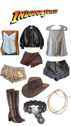 an assortment of clothes and accessories are arranged in the shape of indiana jones