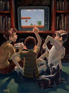 two boys and a dog are playing video games