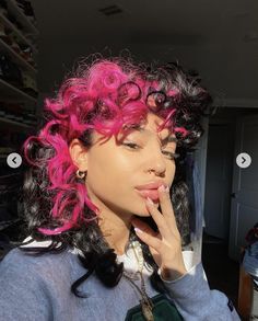 Top And Bottom Split Dyed Hair, Vivid Color On Curly Hair, Short Curly Coloured Hair, Pink Money Piece Curly Hair, Crown Dyed Hair, Undercut Dyed Hair Curly, Multicolor Curly Hair, Pink And Blue Curly Hair, Pink And Black Hair Curly